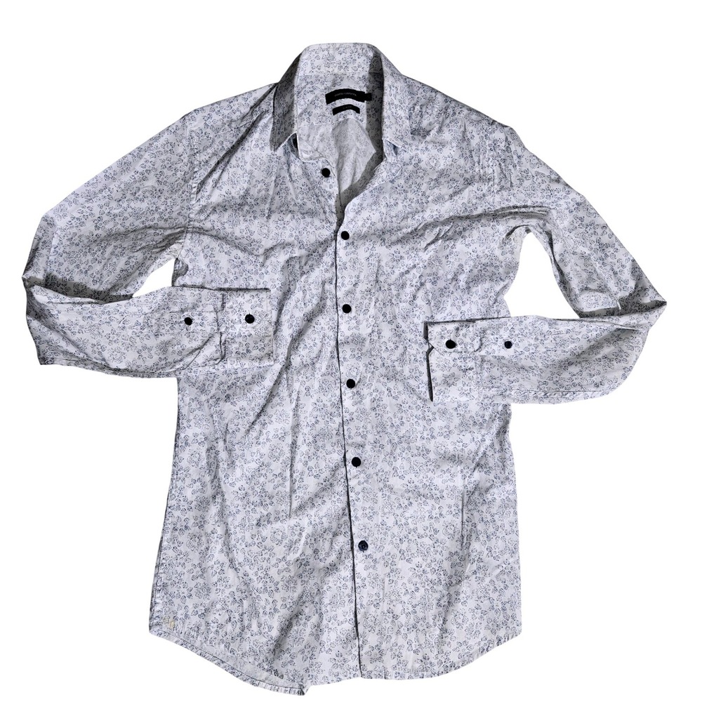 Paco Rabanne Mens Slim Fit Floral Button Down Shirt White Blue Long Sleeve 15